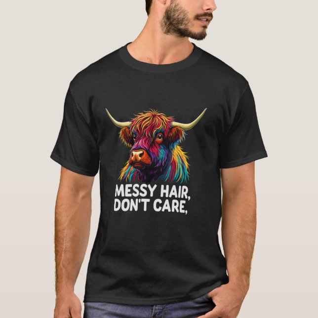 Highland Cow Messy Hair farbenfroh T-Shirt (Vorderseite)