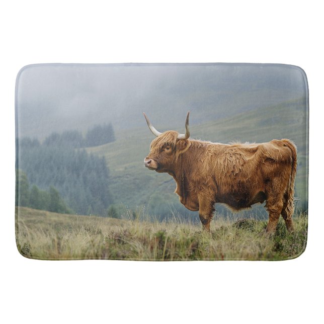 Highland Cow Misty Morning Badematte (Vorderseite)