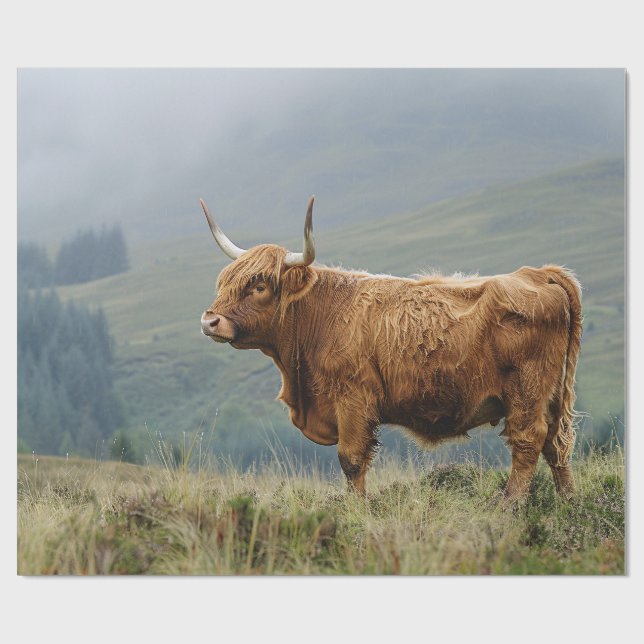 Highland Cow Misty Morning Decoupage Geschenkpapier (Flach)
