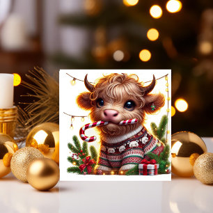 Highland Cow mit Candy Cane Feiertagskarte