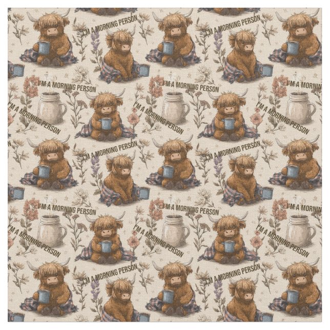 Highland Cow Morning Coffee Cozy Farmhouse Pattern Stoff (Nahaufnahme)