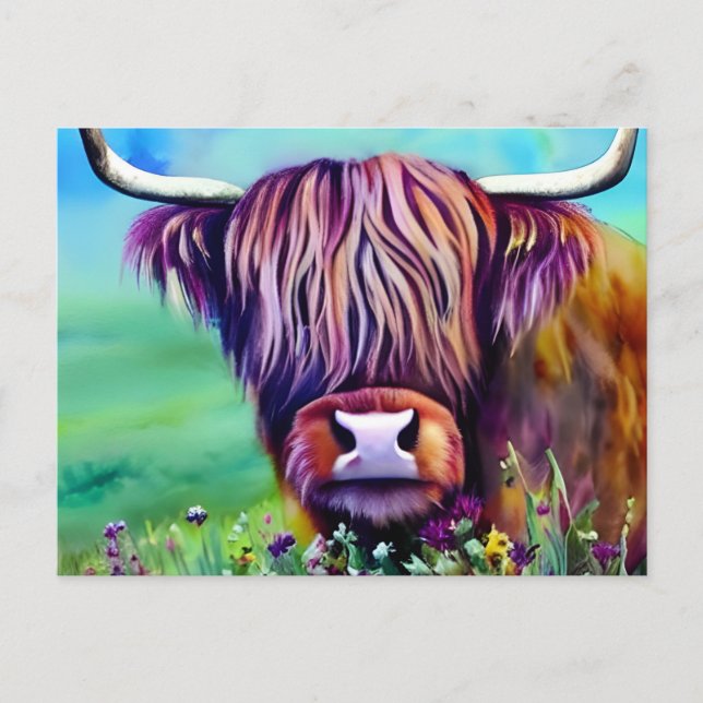 Highland Cow Nature Water Color Postkarte (Vorderseite)