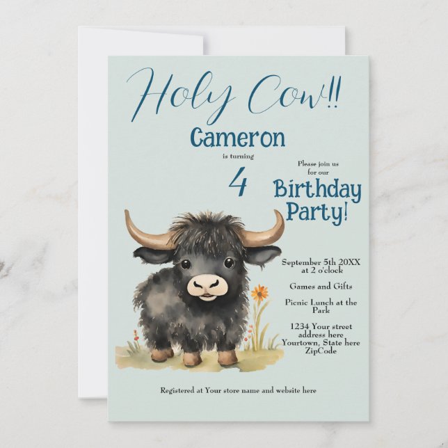 Highland Cow Neutral Birthday Party Einladung (Vorderseite)