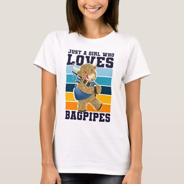 Highland Cow nur ein Mädchen, das Bagpipe Liebe T-Shirt (Vorderseite)