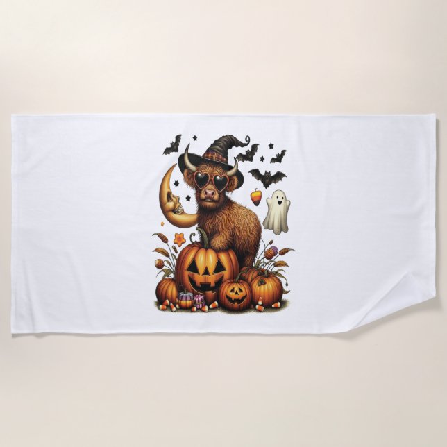 Highland Cow on Pumpkin Halloween Strandtuch (Vorderseite)