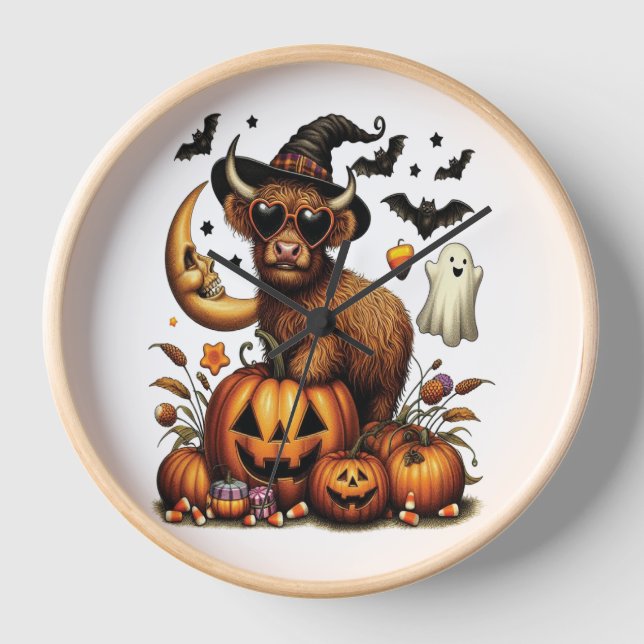 Highland Cow on Pumpkin Halloween Uhr (Vorderseite)