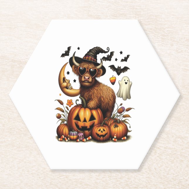 Highland Cow on Pumpkin Halloween Untersetzer (Vorderseite)