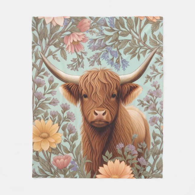 Highland Cow Pastel William Morris Inspired Floral Fleecedecke (Vorderseite)