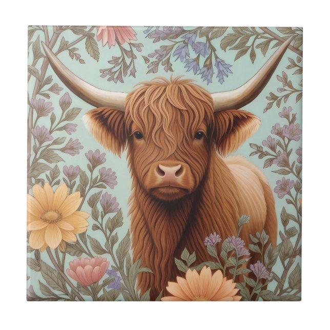 Highland Cow Pastel William Morris Inspired Floral Fliese (Vorderseite)