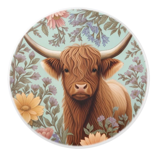 Highland Cow Pastel William Morris Inspired Floral Keramikknauf (Vorderseite)