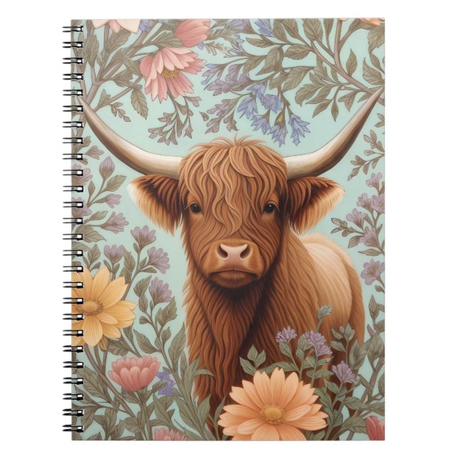 Highland Cow Pastel William Morris Inspired Floral Notizblock (Vorderseite)