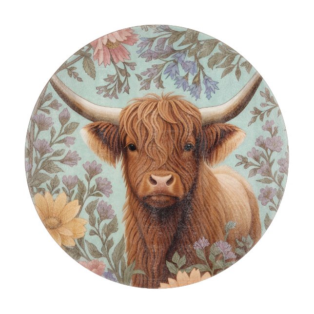 Highland Cow Pastel William Morris Inspired Floral Schneidebrett (Vorderseite)