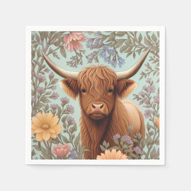 Highland Cow Pastel William Morris Inspired Floral Serviette (Vorderseite)