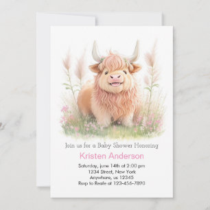 Highland Cow Pink Adventure Girl Baby Shower Einladung