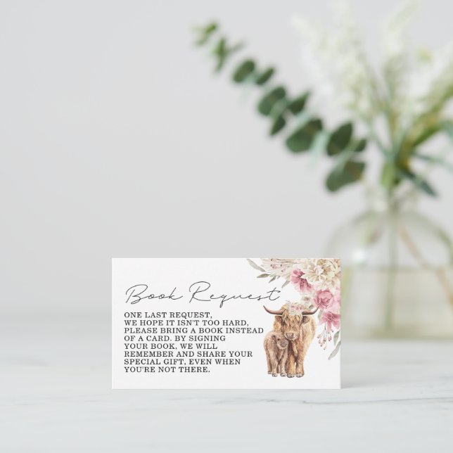 Highland Cow Pink Boho Floral Book Request Insert (Stehend Vorderseite)
