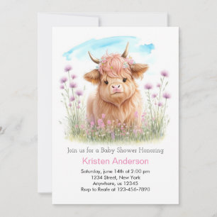 Highland Cow Pink Meadow Girl Babydusche Einladung