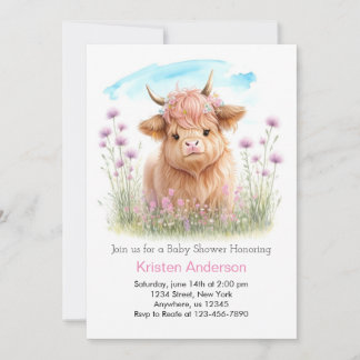 Highland Cow Pink Meadow Girl Babydusche Einladung