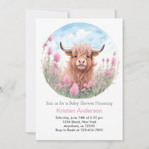 Highland Cow Pink Watercolor Girl Baby Dusche Einladung
