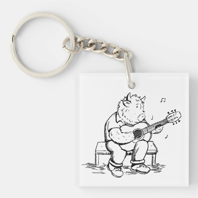 Highland Cow Plays Acoustic Guitar Schlüsselanhänger (Vorderseite)