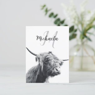 Highland cow portrait initial monogram black white postkarte