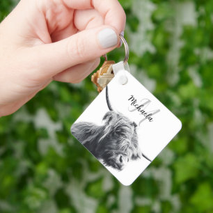 Highland cow portrait initial monogram black white schlüsselanhänger