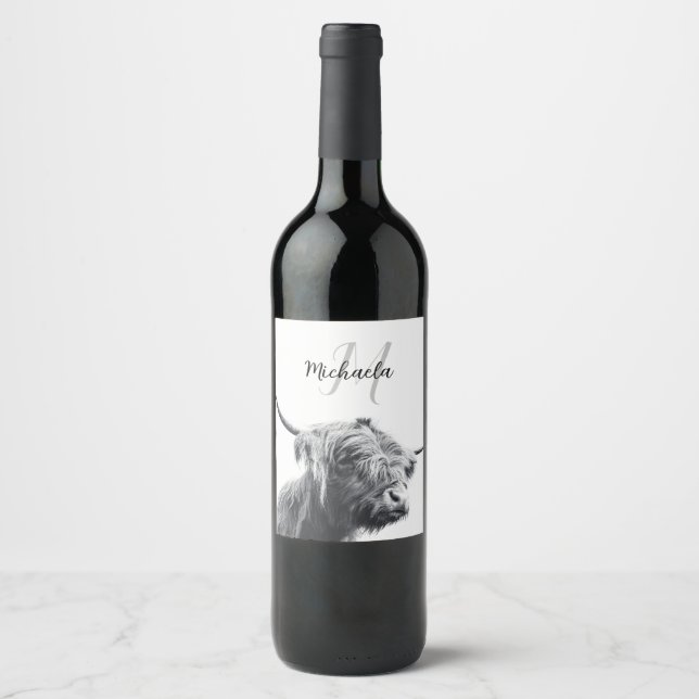 Highland cow portrait initial monogram black white weinetikett (Vorderseite)