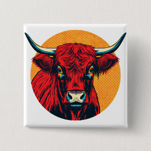 Highland Cow Quadrat-Abzeichen Rot & Gold Schott Button