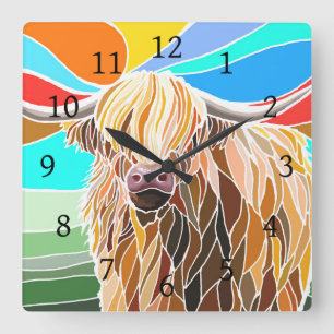 Highland Cow Quadratische Wanduhr