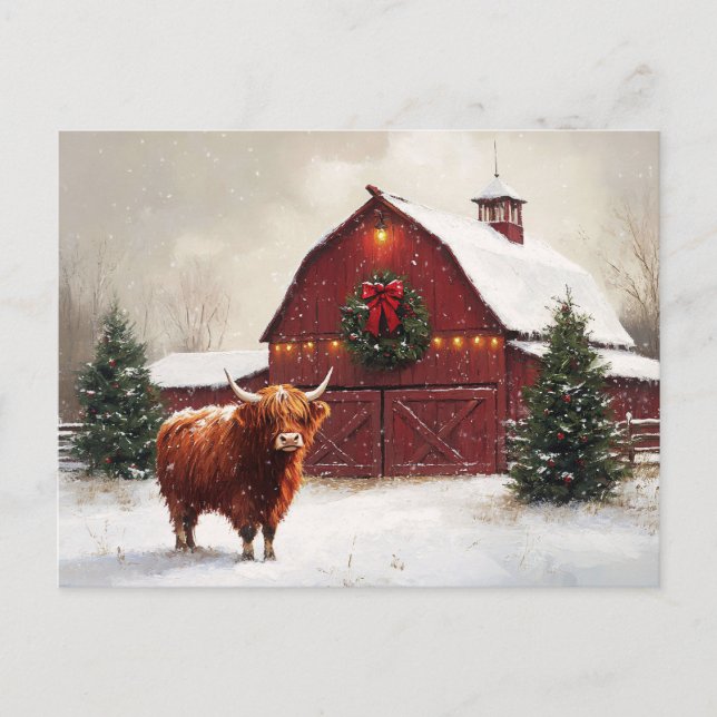 Highland Cow Red Barn Weihnachtskranz Postkarte (Vorderseite)