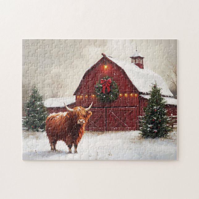 Highland Cow Red Barn Weihnachtskranz Puzzle (Horizontal)