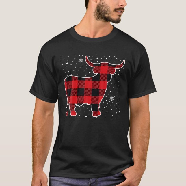 Highland Cow Red Buffalo Karierten Weihnachtsfeier T-Shirt (Vorderseite)