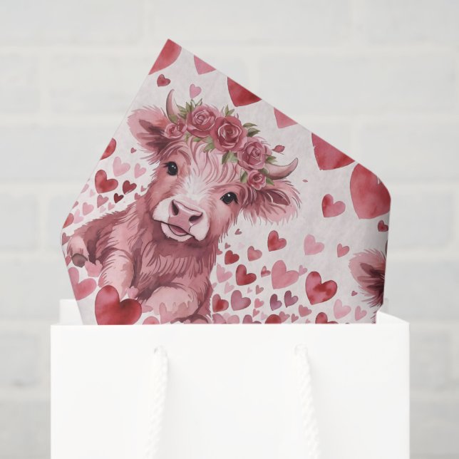 Highland Cow Red Roses Pink Heart Flower Gift Seidenpapier (Geschenktüte)