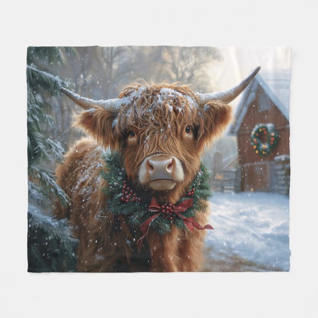Highland Cow Rustic Barnyard Weihnachten Fleecedecke (Vorderseite (Horizontal))