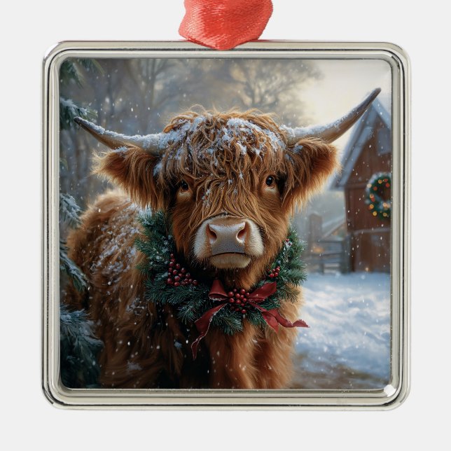 Highland Cow Rustic Barnyard Weihnachten Ornament Aus Metall (Vorne)