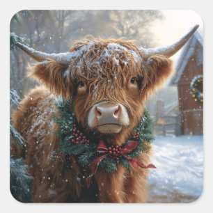 Highland Cow Rustic Barnyard Weihnachten Quadratischer Aufkleber