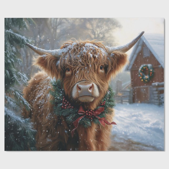 Highland Cow Rustic Barnyard Weihnachtsdekoupage Geschenkpapier (Flach)