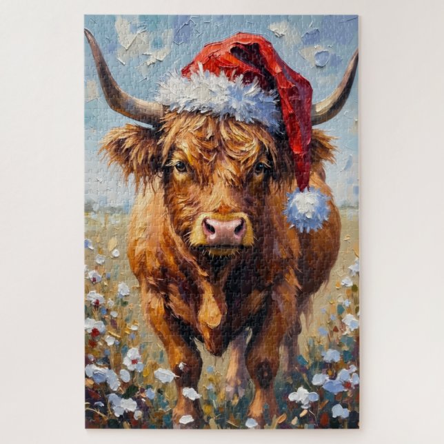 Highland Cow Rustic Winter Tinsel Hat Puzzle (Vertikal)