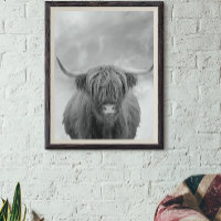 Highland Cow Scotland Clouds Schwarz-weiß Poster