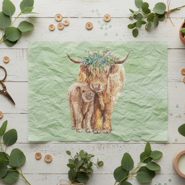 Highland Cow Scotland Mama Baby Eucalyptus Seidenpapier (Von Creator hochgeladen)