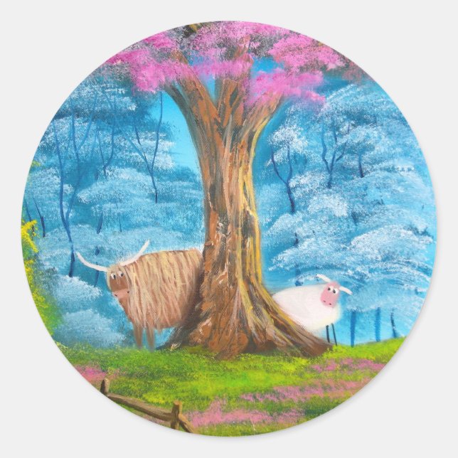 HIGHLAND COW SHEEP FOLGEMALT RUNDER AUFKLEBER (Vorderseite)