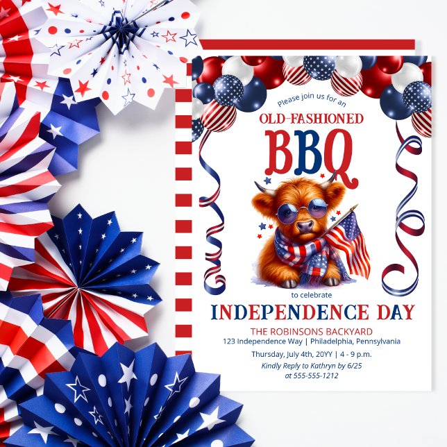 Highland Cow | Sonnenbrille 4. Juli GRILLEN Party Einladung (Balloon Arch Cute Cool Highland Cow Calf Sporting Sunglasses Independence Day BBQ July 4 Invitation)