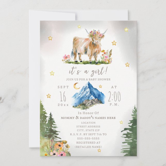 Highland Cow Stars Floral Mountain Baby Shower  Einladung (Vorderseite)