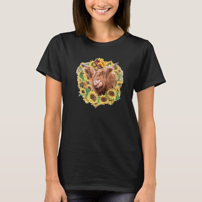 Highland Cow Sunflower Butterfly Farm Animals West T-Shirt (Vorderseite)