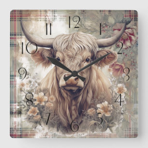Highland-Cow-Tartan-Clan-Aquarell Quadratische Wanduhr
