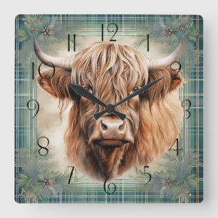Highland-Cow-Tartan-Clan-Aquarell Quadratische Wanduhr