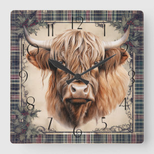 Highland Cow Tartan Clan Watercolor Quadratische Wanduhr