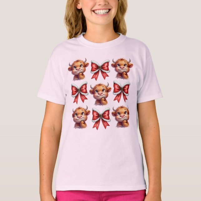 Highland Cow und Christmas Coquette Bow T-Shirt (Vorderseite)