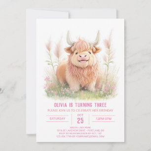 Highland Cow und Pampas Grass Girl zum Geburtstag Einladung