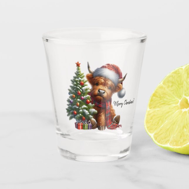 Highland Cow und Weihnachtsbaum Schnapsglas (Vorderseite)