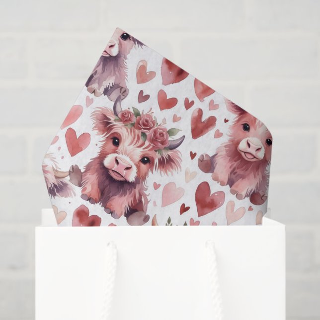 Highland Cow Valentine Pink Floral Watercolor Seidenpapier (Geschenktüte)